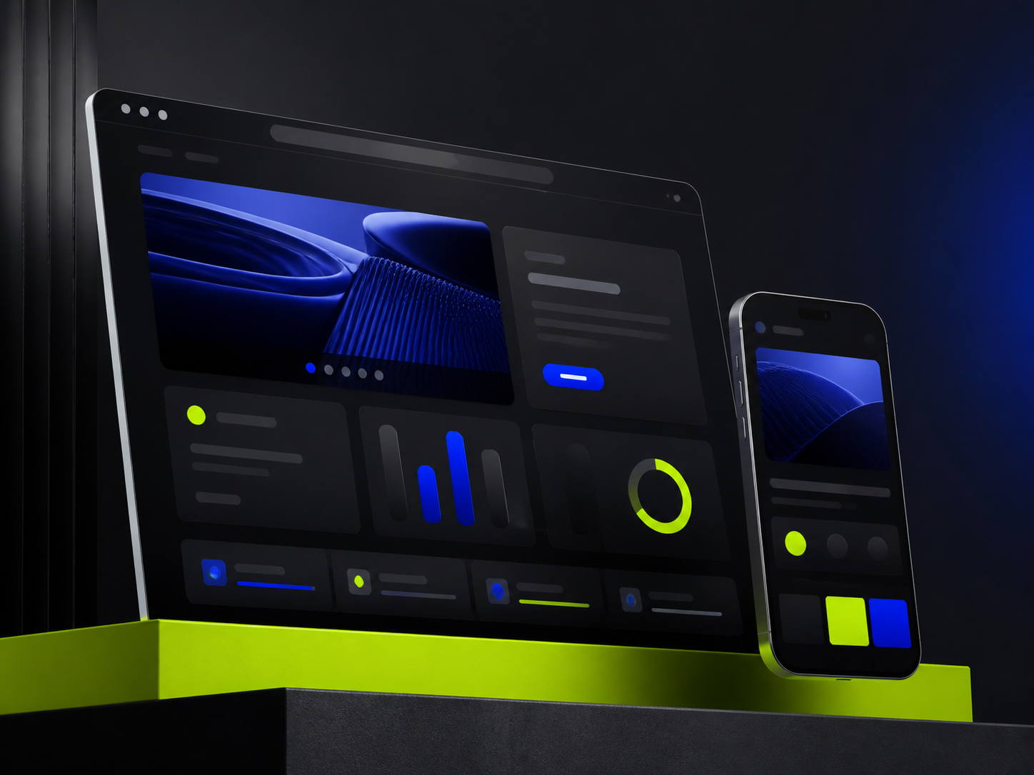 Interfaces web responsive en dispositivos oscuros con detalles azules y verdes